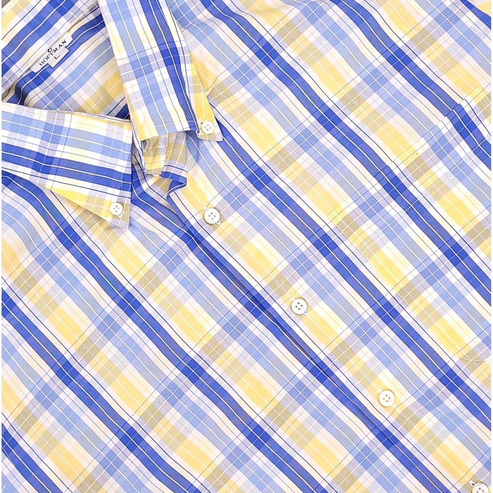 Maus & Hoffman Shirt Mens Large Blue Yellow Plaid Button Down Short Sleeve USA
